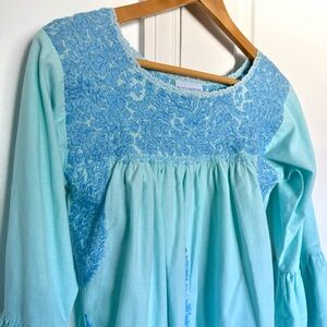 MI GOLONDRINA Ruffle Sleeve Embroidered Shift Mini Dress Aqua Blue Green Size XS